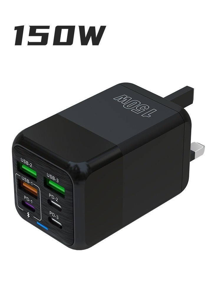 150W UK 6 Ports Multifunctional Super Fast Charging Adapter Mobile Phone Charger Travel Power Adapter Black - Image 1